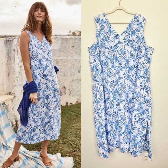 J. Jill Love Linen Pineapple Palm Midi Shift Dress Sleeveless Blue Women's 4X - Picture 1 of 11